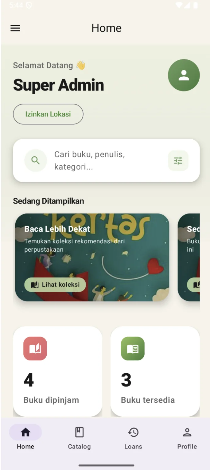 Pojok Baca's Android library home screen